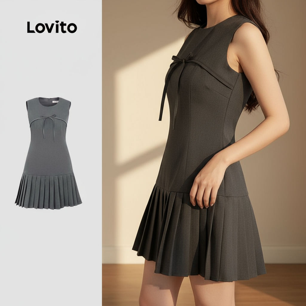 Lovito Vestido Feminino Casual Liso com Laço - LNA71500 em Oferta na Shopee