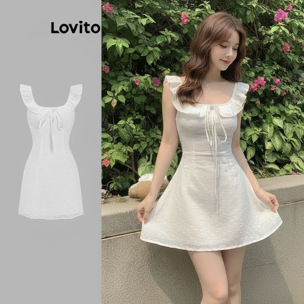 Lovito Vestido feminino elegante com bordado de ilhós frontal e detalhe de laço L122AD063 em Oferta na Shopee