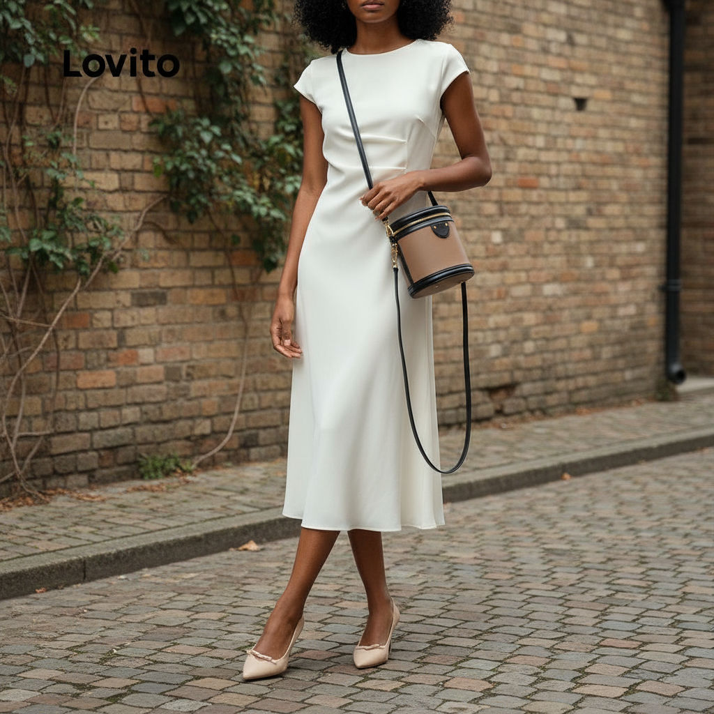 Lovito Vestido Feminino Plissado Liso Elegante - LNE72538 em Oferta na Shopee