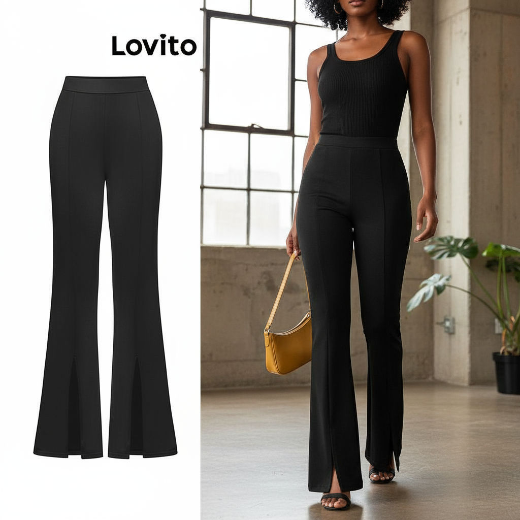 Lovito Calça Feminina Lisa com Frente Dividida e Design Elegante L95ED030 em Oferta na Shopee