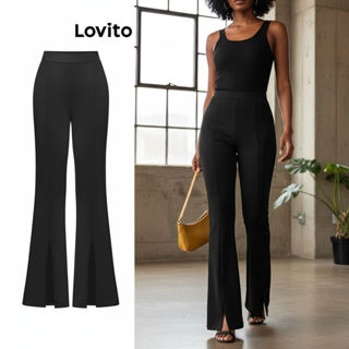 Lovito Calça Feminina Lisa com Frente Dividida e Design Elegante L95ED030 em Oferta na Shopee