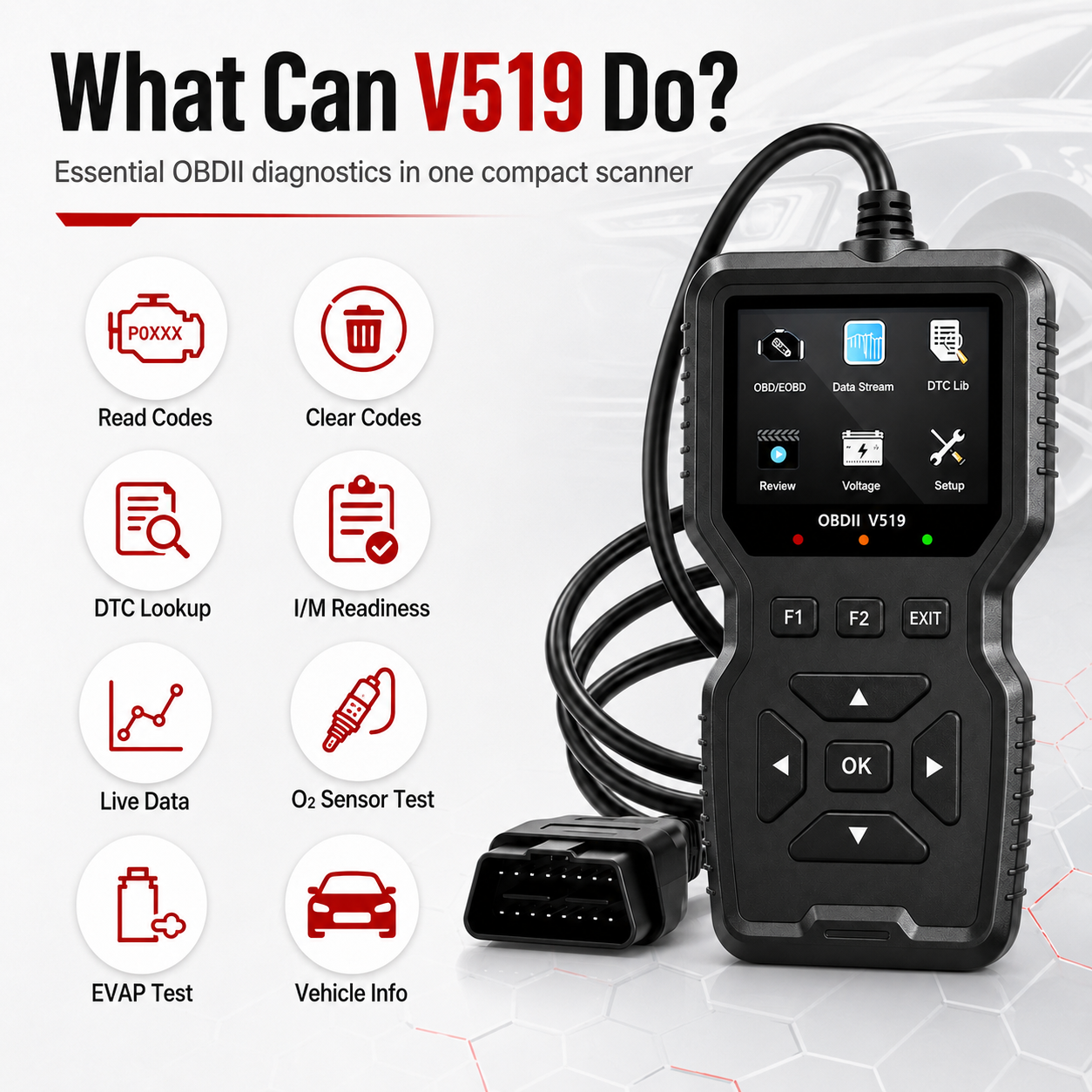 V519 Obd2 Scanner Leitor De Código Do Carro Diagnóstico Falha Apagar Verificação Luz Motor Ferramenta Redefinição Com Da — imagem 2 de 2