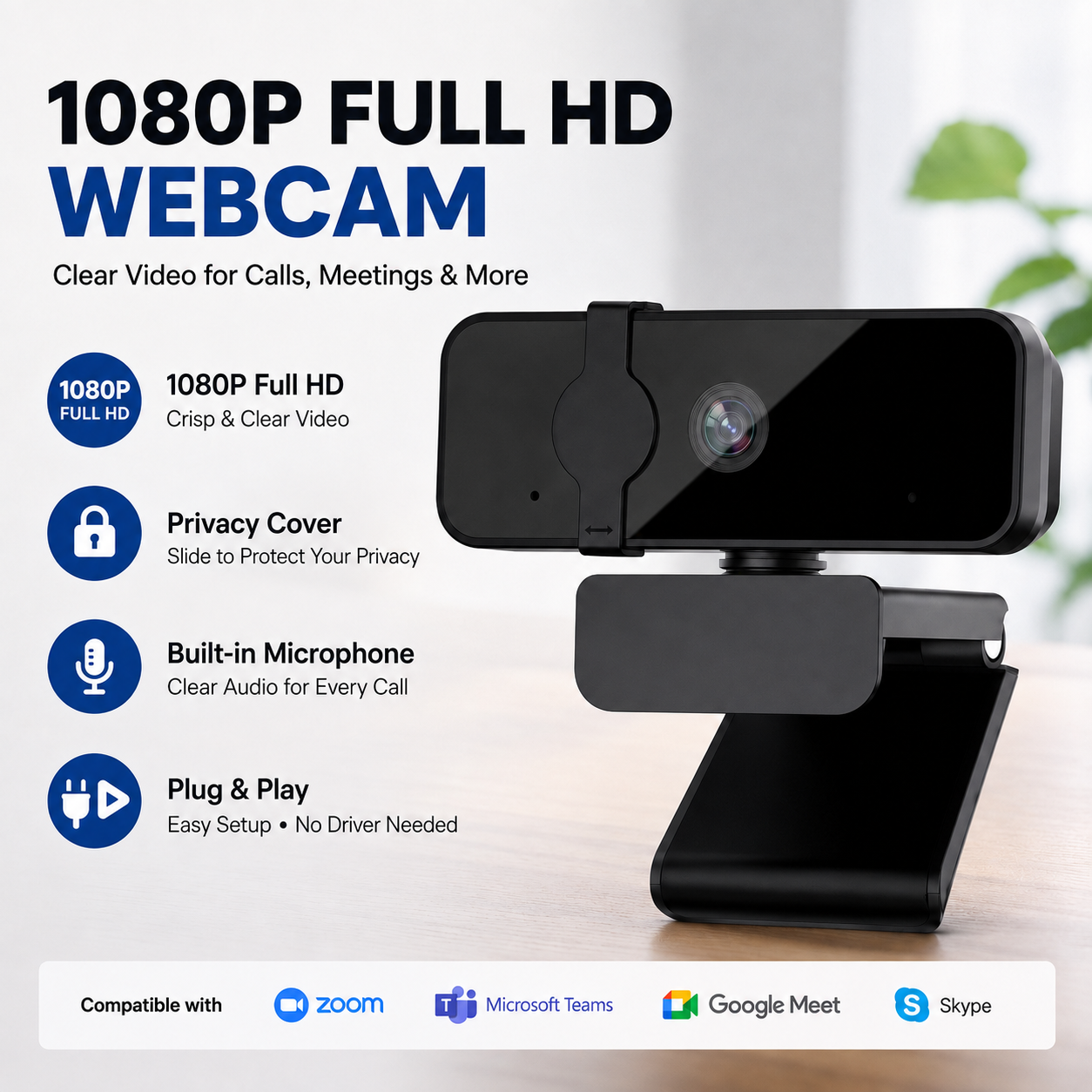Câmera 1080p JCL para PC e notebook, microfones com cancelamento de ruído, lente grande-angular, plug and play USB, com