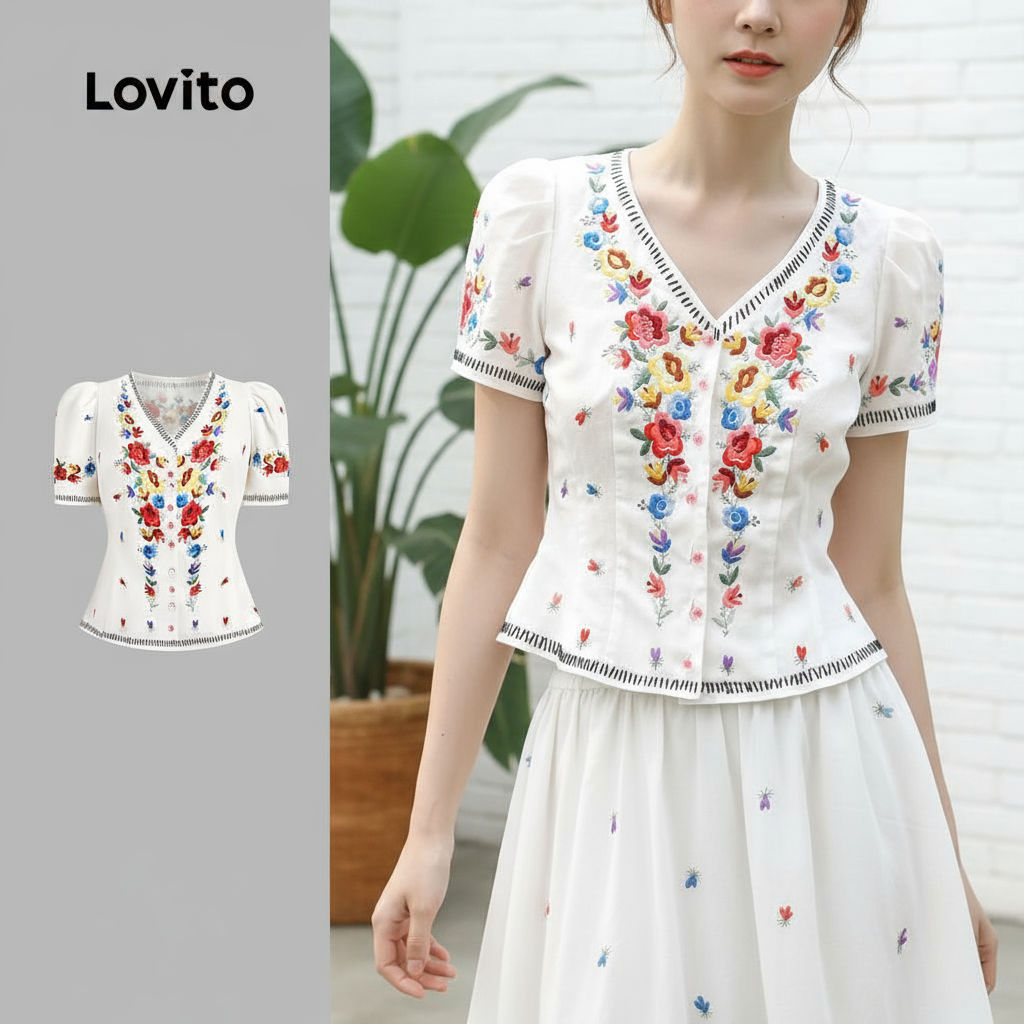Blusa Feminina Boho Floral Multicolorida com Botão para Verão e Primavera - Lovito LBL25305 em Oferta na Shopee