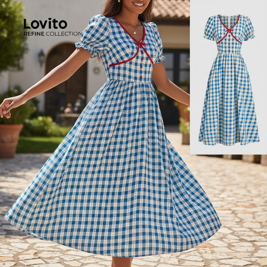 Lovito Refine Vestido Azul Primavera/Verão Laço Casual Babados Gola Drapeada LR12A407 em Oferta na Shopee