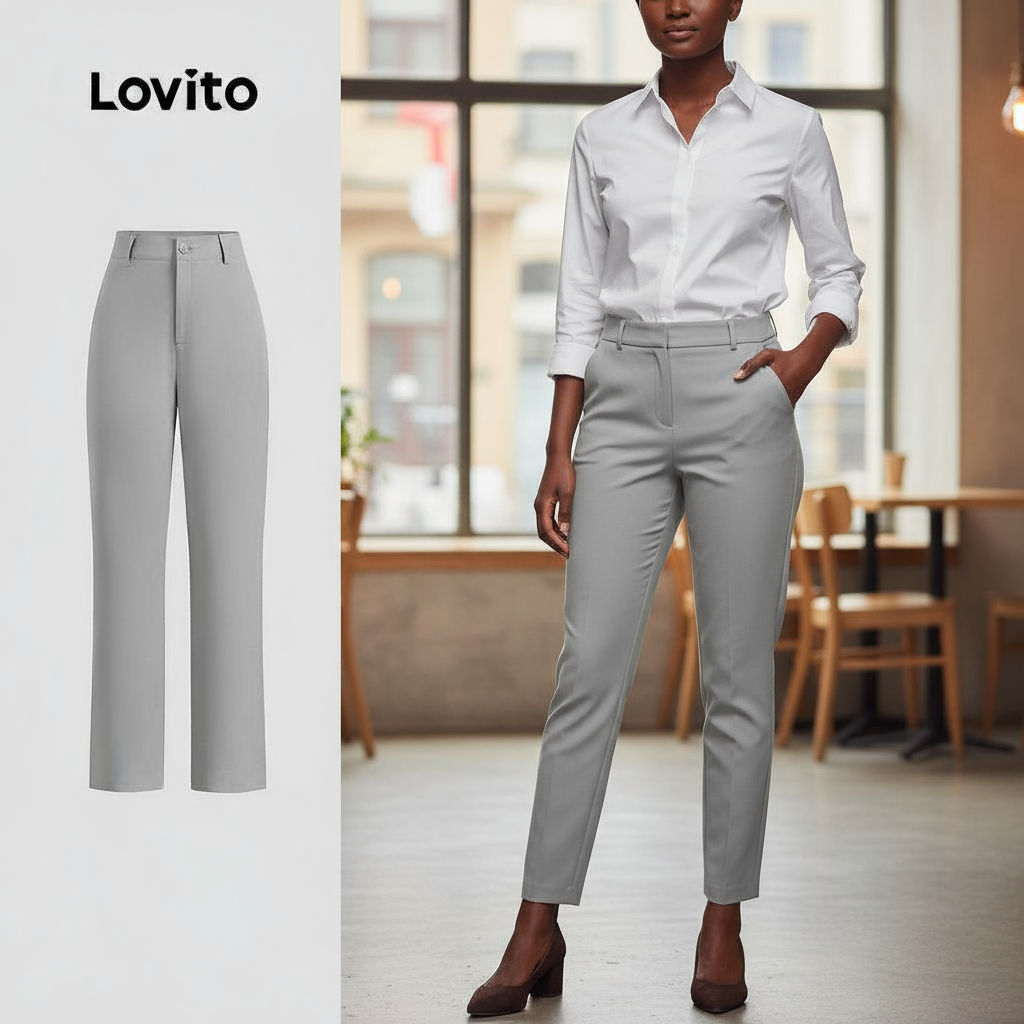 Lovito Elegante Calças Femininas em Cinza com Botão e Zíper para Primavera/Verão L143ED043