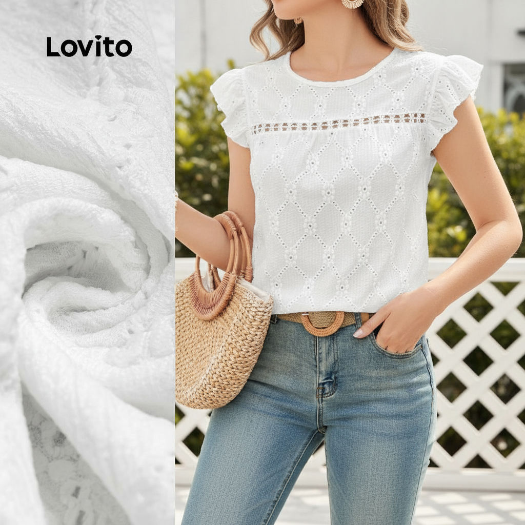 Lovito Blusa Feminina Casual Bordada Com Babados E Trança Para Primavera Verão Cor Branca L135ED323\5 em Oferta na Shopee