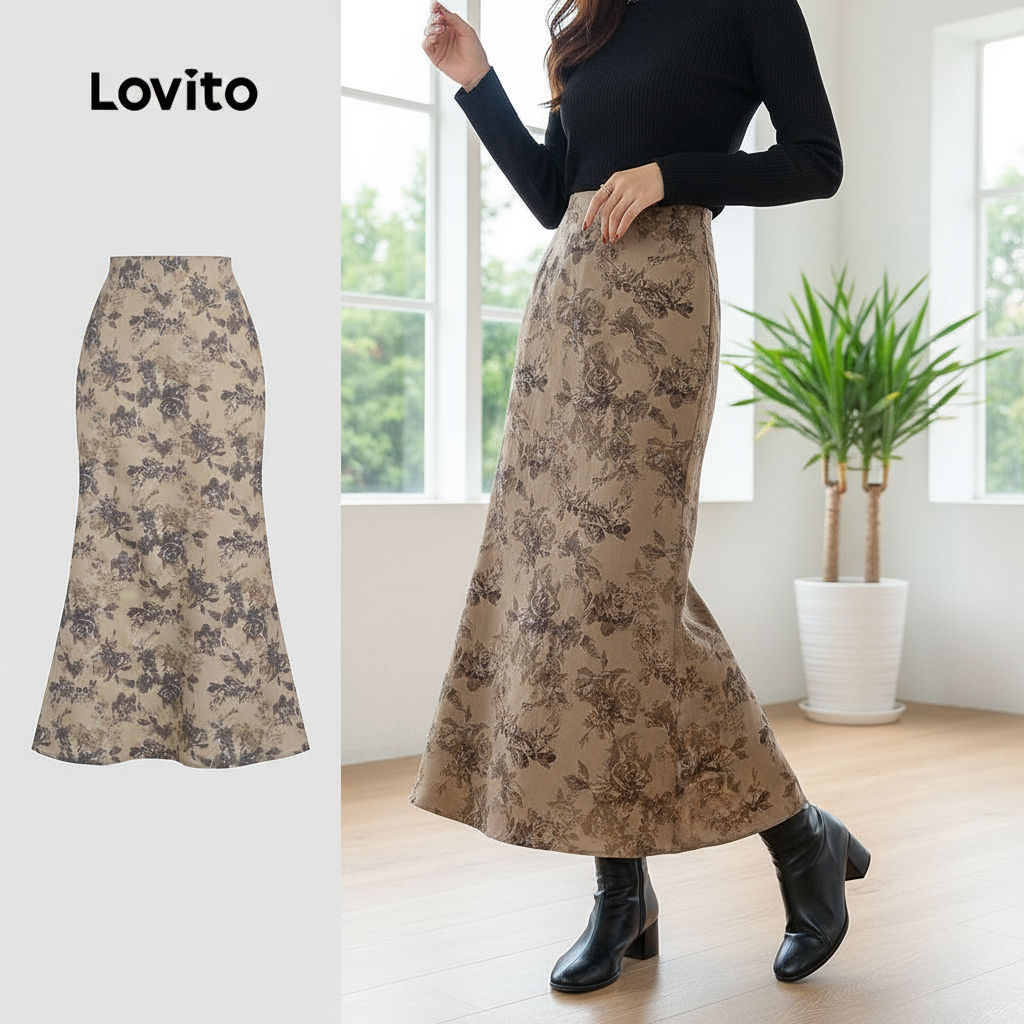 Lovito Saia Feminina Vintage com Estrutura Floral e Vieira para Verão/Primavera L131LD1232 em Oferta na Shopee