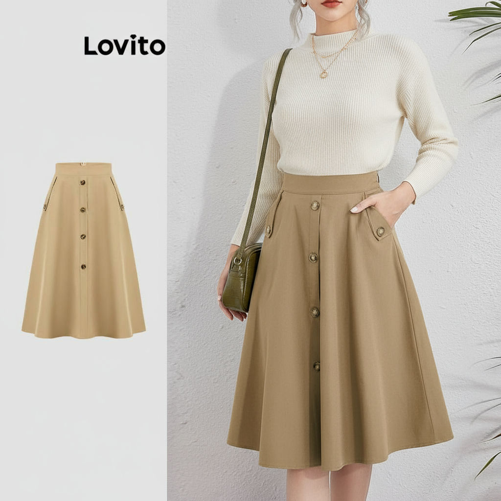 Lovito Saias Femininas Elegantes Botão Simples L112ED343 em Oferta na Shopee