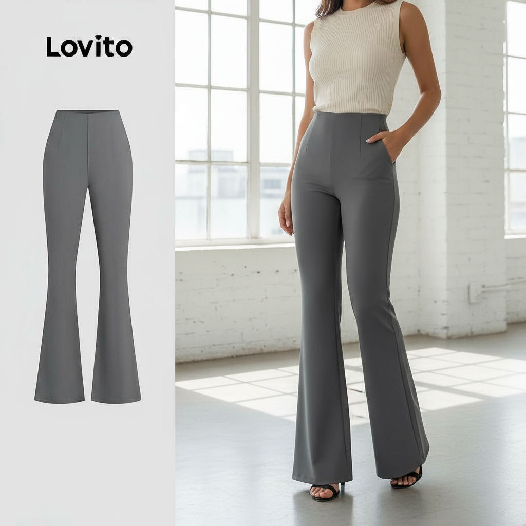 Lovito Calça Feminina com Zíper e Corte Reto em Cinza Elegante para Verão/Primavera L134ED110 em Oferta na Shopee