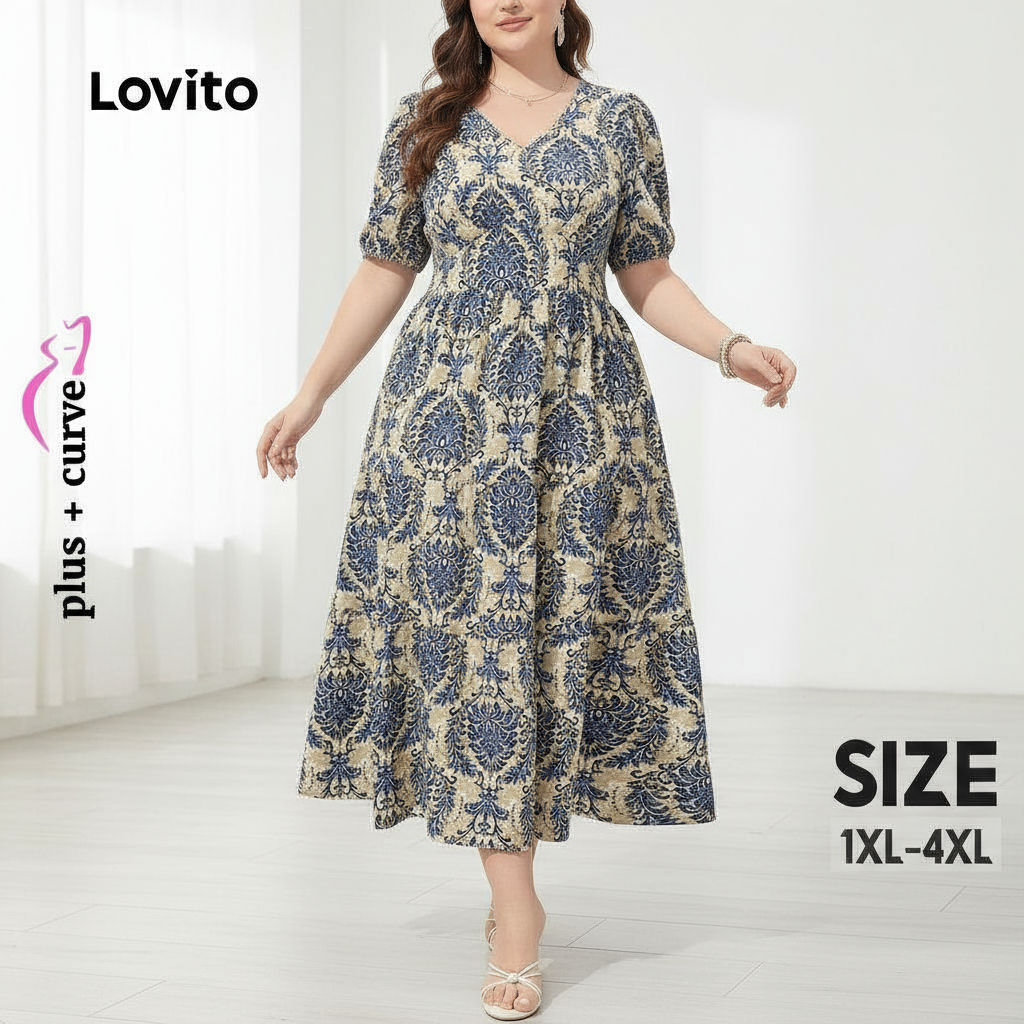 Lovito Vestido Boho Plus Size Curves Estampa Tribal Babados Verão Primavera Feminino LBL23408