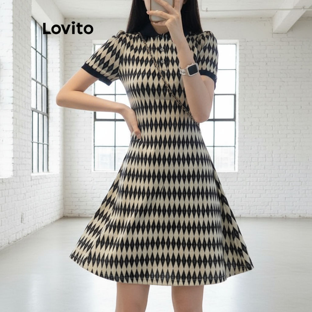 Lovito Minivestido Feminino Casual Argyle Gola Redonda LNA06010 (Multicolorido) em Oferta na Shopee