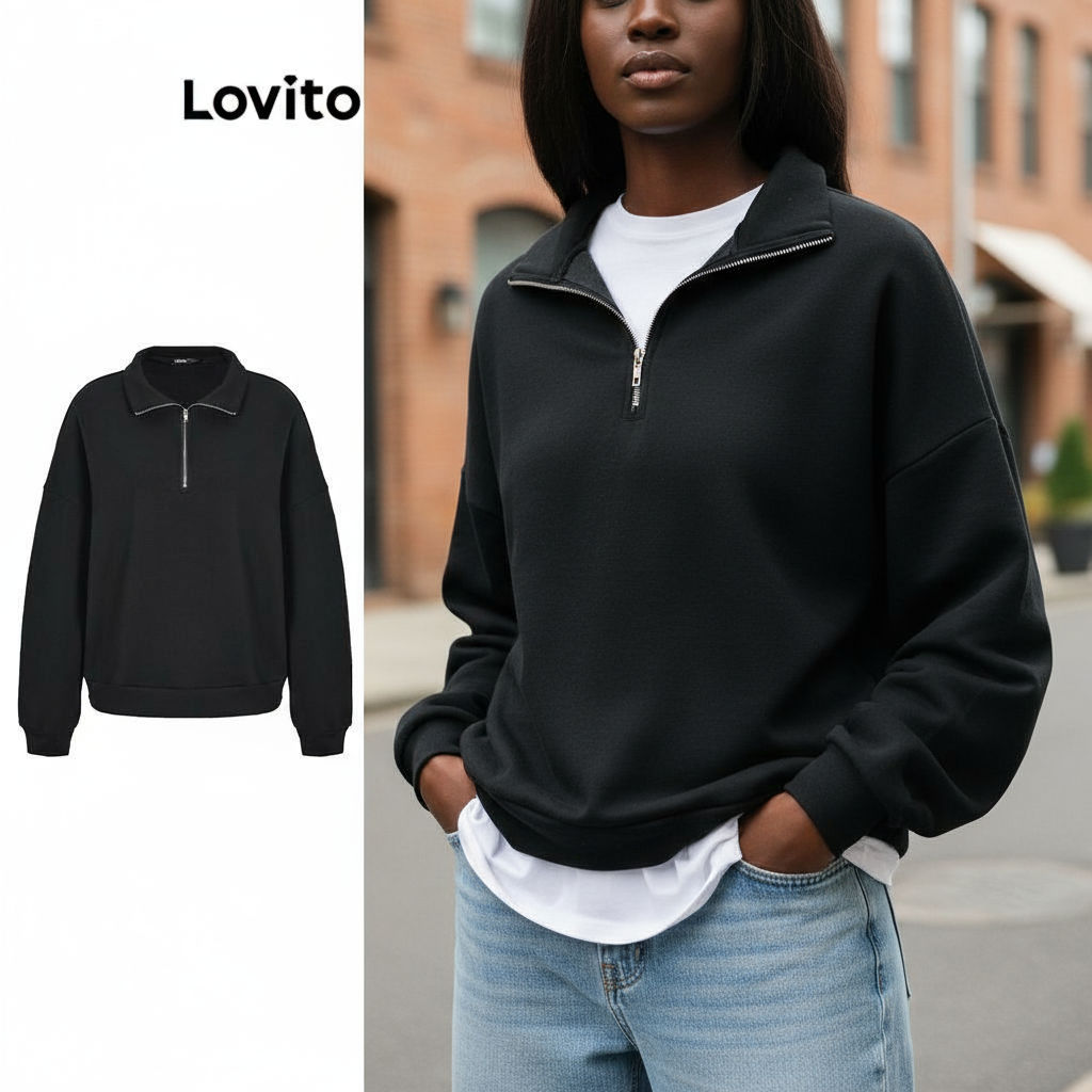 Lovito Moletom Feminino Casual Zíper Liso L99ED130 em Oferta na Shopee