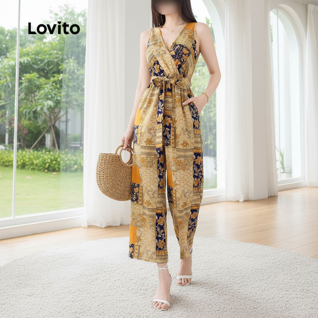 Lovito Macacão Casual Feminino com Estampa Tribal para Verão/Primavera Estilo Resort L132ED593 em Oferta na Shopee