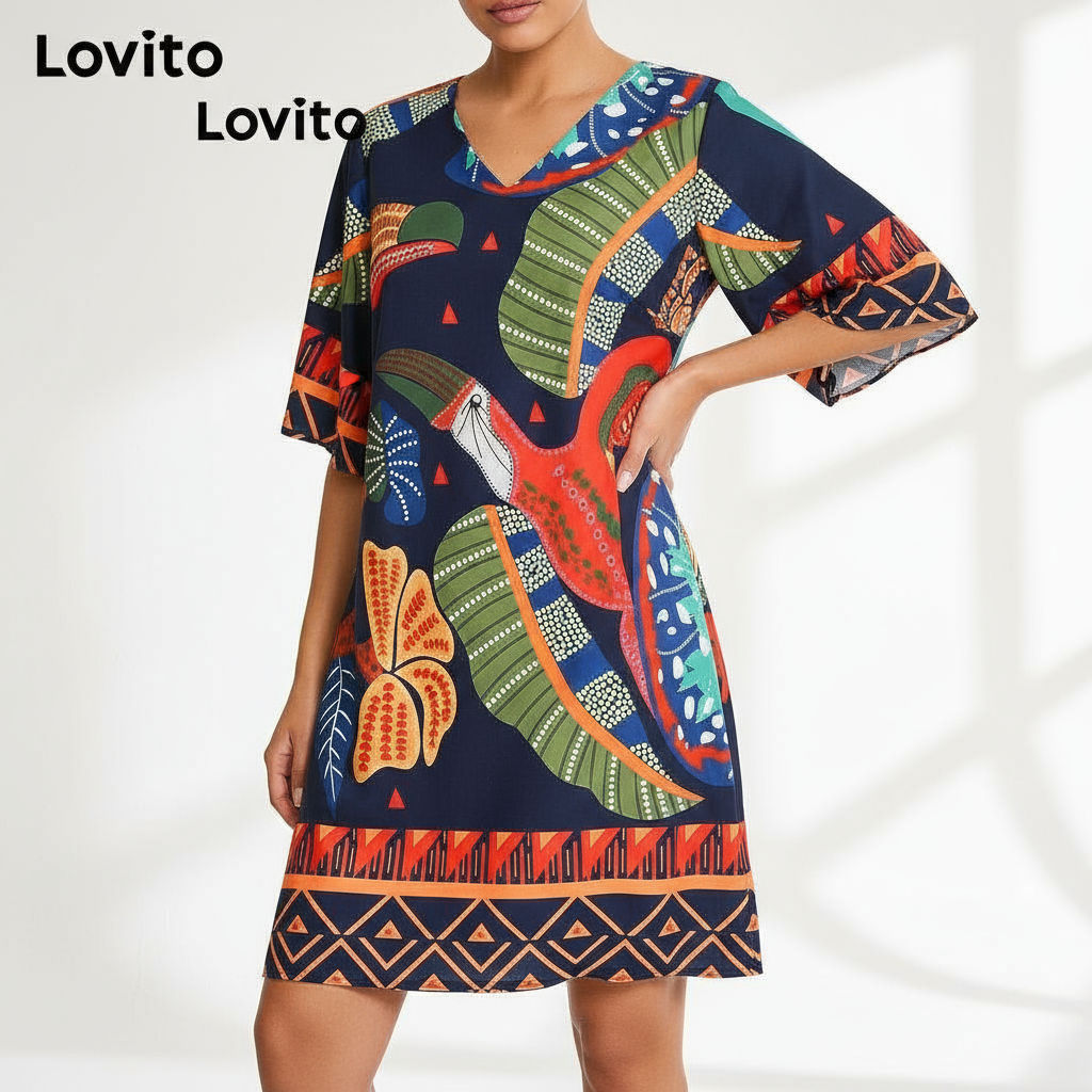 Lovito Vestido Feminino Casual com Estampa Tropical e Amarração Traseira, Verão/Primavera, Acompanha Cinto LBL17238 em Oferta na Shopee