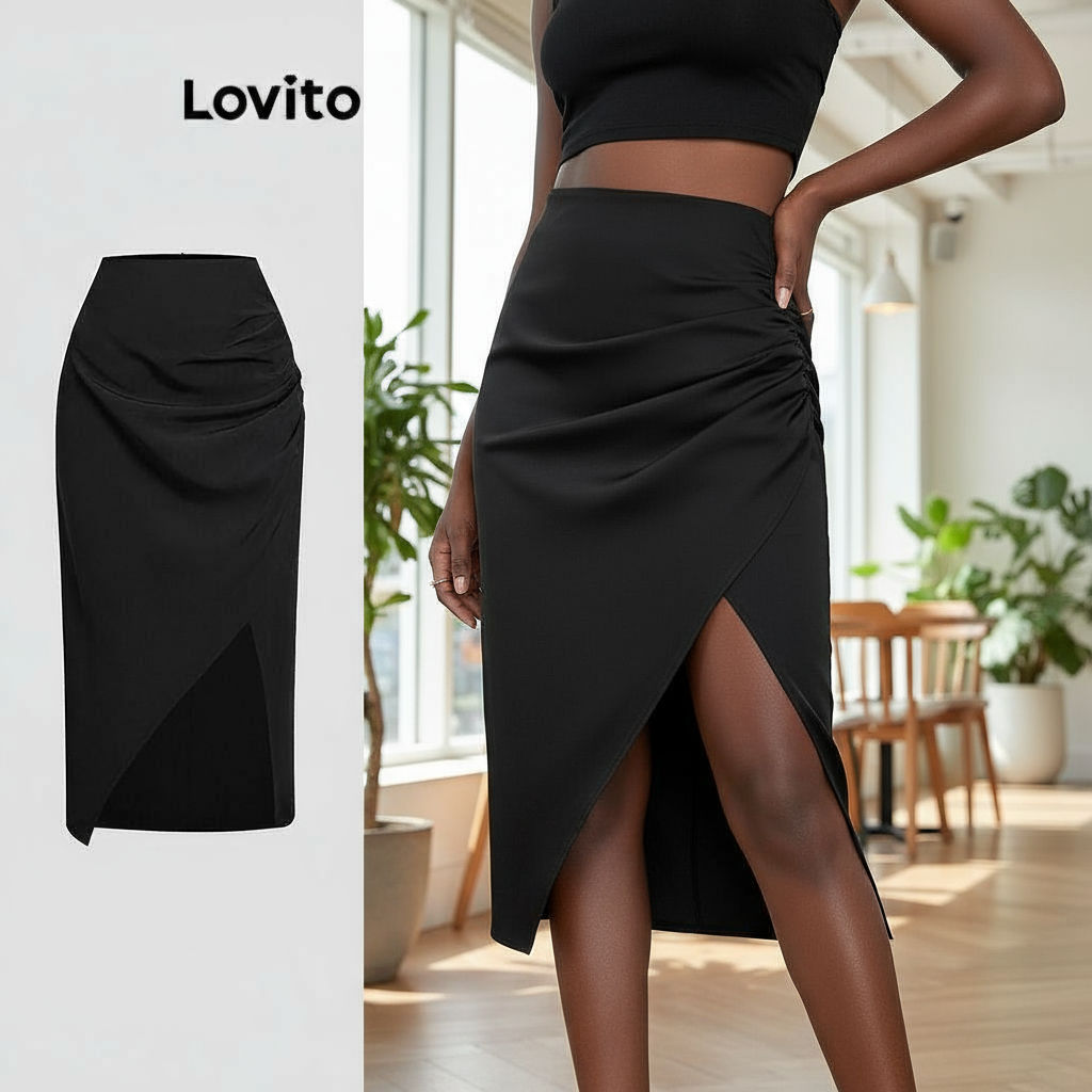 Lovito Saia Feminina Elegante Lisa Plissada Dividida para Verão L118ED334