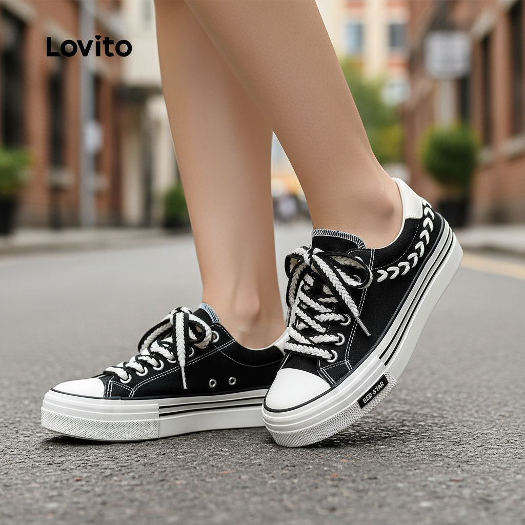 Lovito Tênis feminino em lona robusta, cadarço liso, cores contrastantes, respirável e sola confortável LFA49131 em Oferta na Shopee