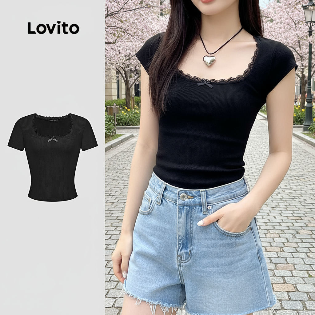 Lovito Camiseta Casual Feminina de Verão e Primavera com Laço de Renda L123ED773\4 em Oferta na Shopee