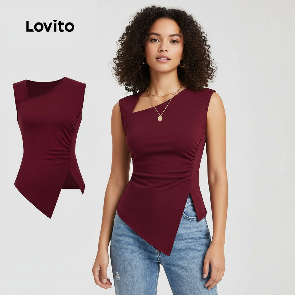Lovito Blusa Casual Assimétrica com Franzido Primavera/verão em Garça para Mulheres L155ED821\6 em Oferta na Shopee