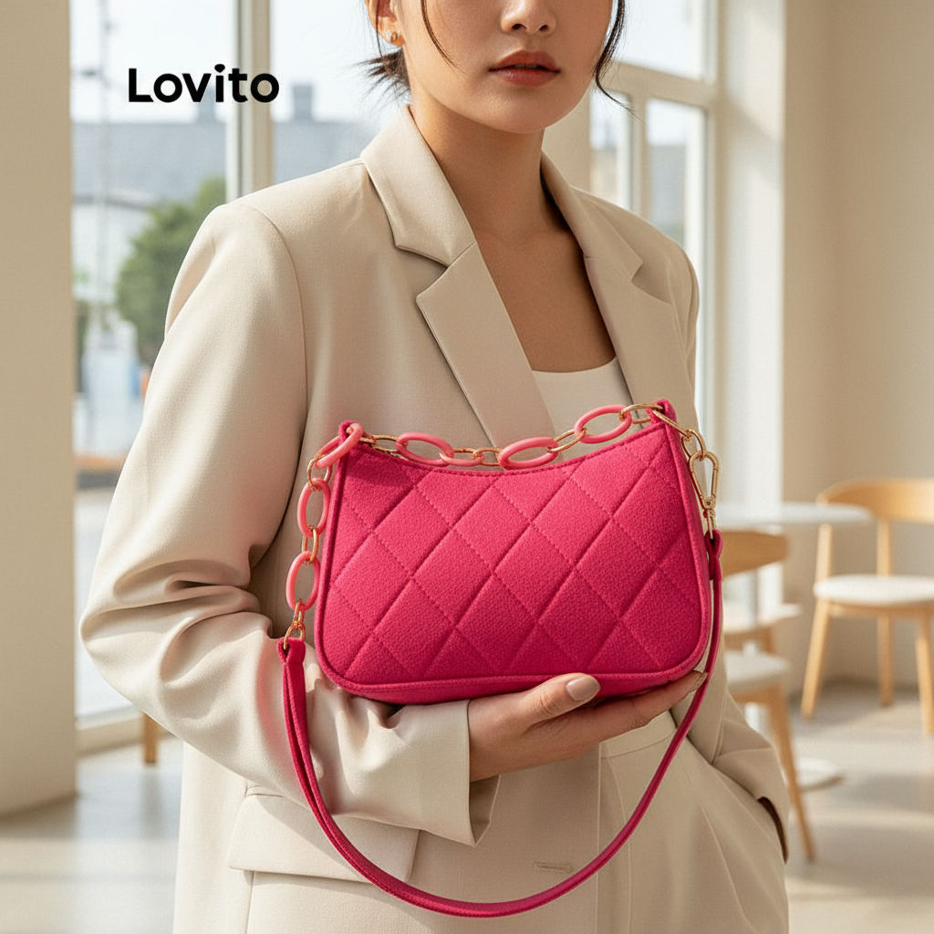 (Trendy2) Lovito Bolsa de Ombro Pequena com Corrente para Mulheres LNE09129 (Rosa Pink/Preto) em Oferta na Shopee