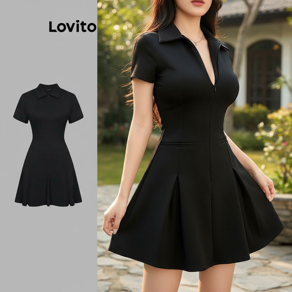 Lovito Vestido Feminino Casual Liso com Zíper para Mulheres L104ED411 em Oferta na Shopee