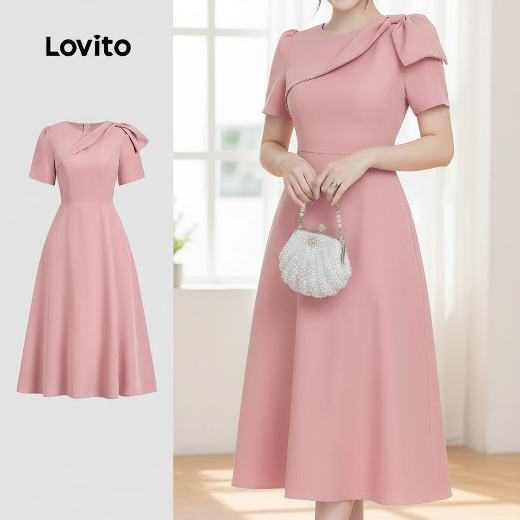 Lovito Vestido Feminino Rosa Elegante com Nó Liso para Primavera/Verão L134LD123