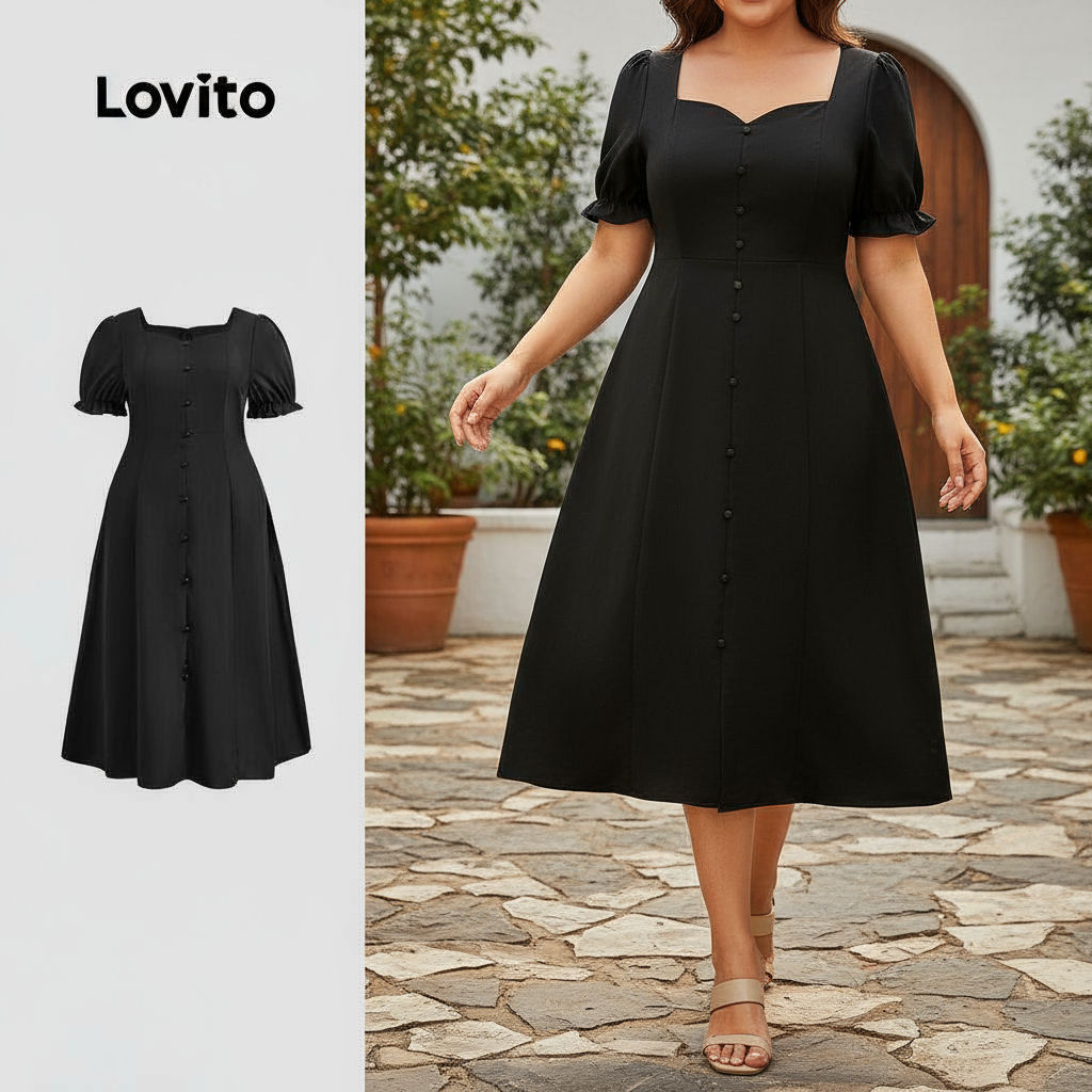 Lovito Vestido elegante plus size feminino com mangas bufantes e botões frontais LBL22653