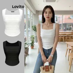 Lovito Casual Regata Lisa Com Bainha Franzida Para Mulheres L62ED045\2
