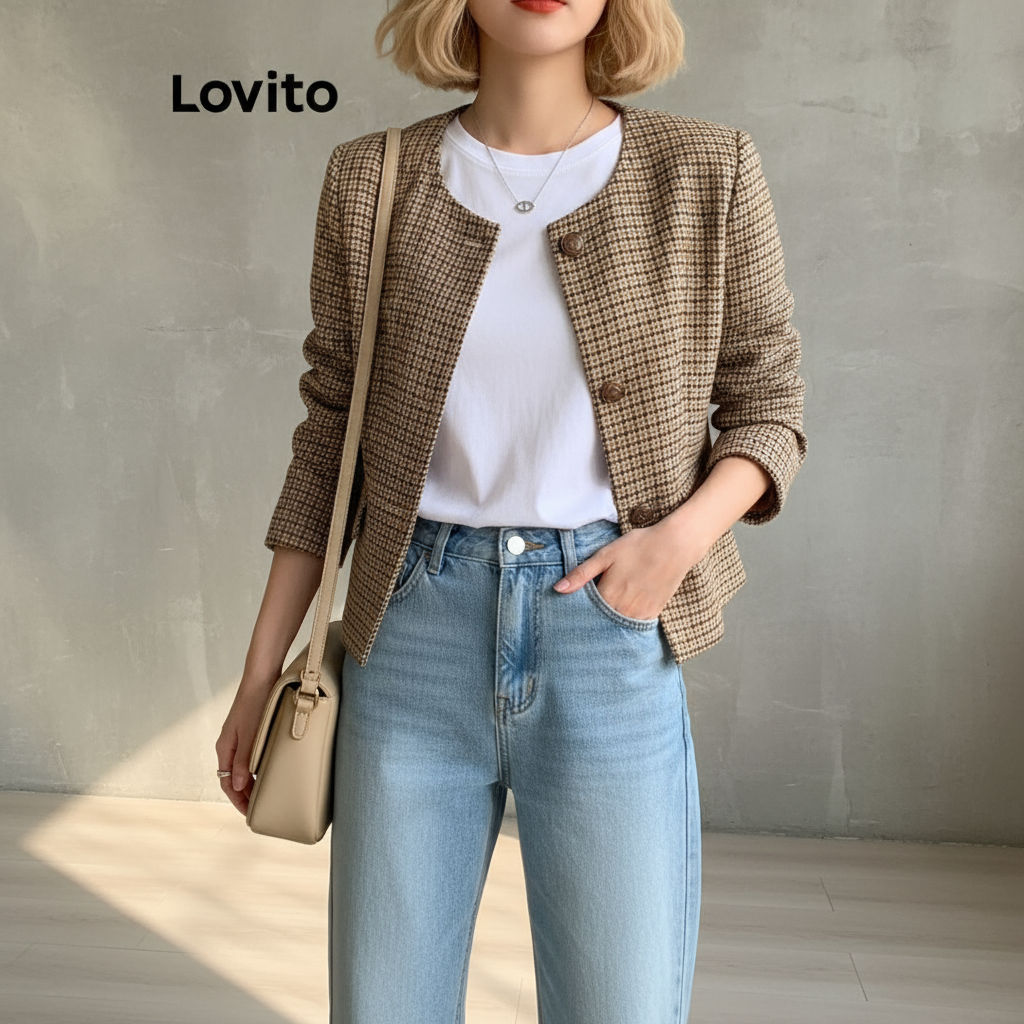 (Trendy2) Lovito Blazer Casual Blazer Frontal Com Botão Liso Para Mulheres LNA40091 em Oferta na Shopee