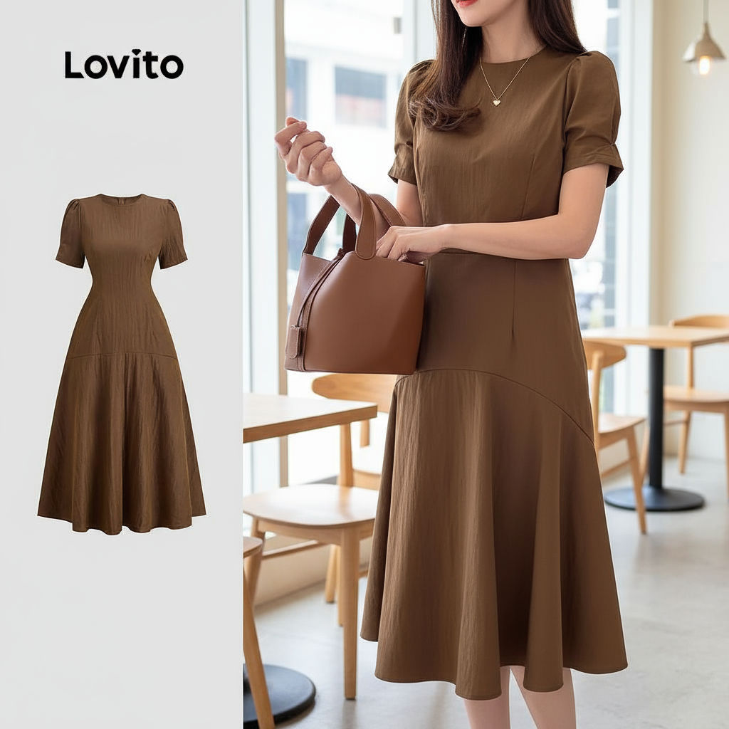 Lovito Vestido Casual Feminino para Primavera/Verão, Modelo Marrom com Drapeado e Acolchoamento, Ref. L143AD647 em Oferta na Shopee
