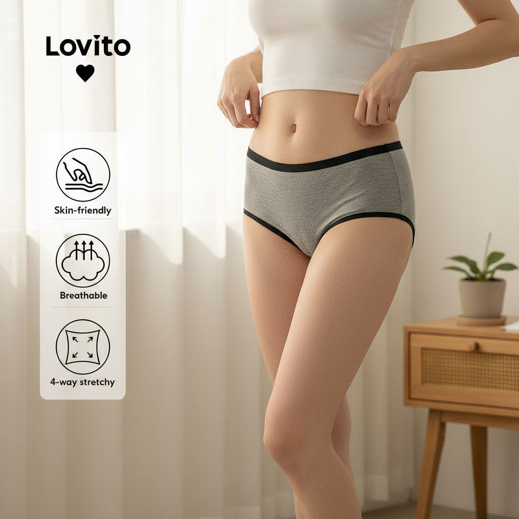 Lovito Calcinha Feminina Casual Confortável Elástica em Várias Direções com Efeito Contraste e Amarração LNA41021 em Oferta na Shopee