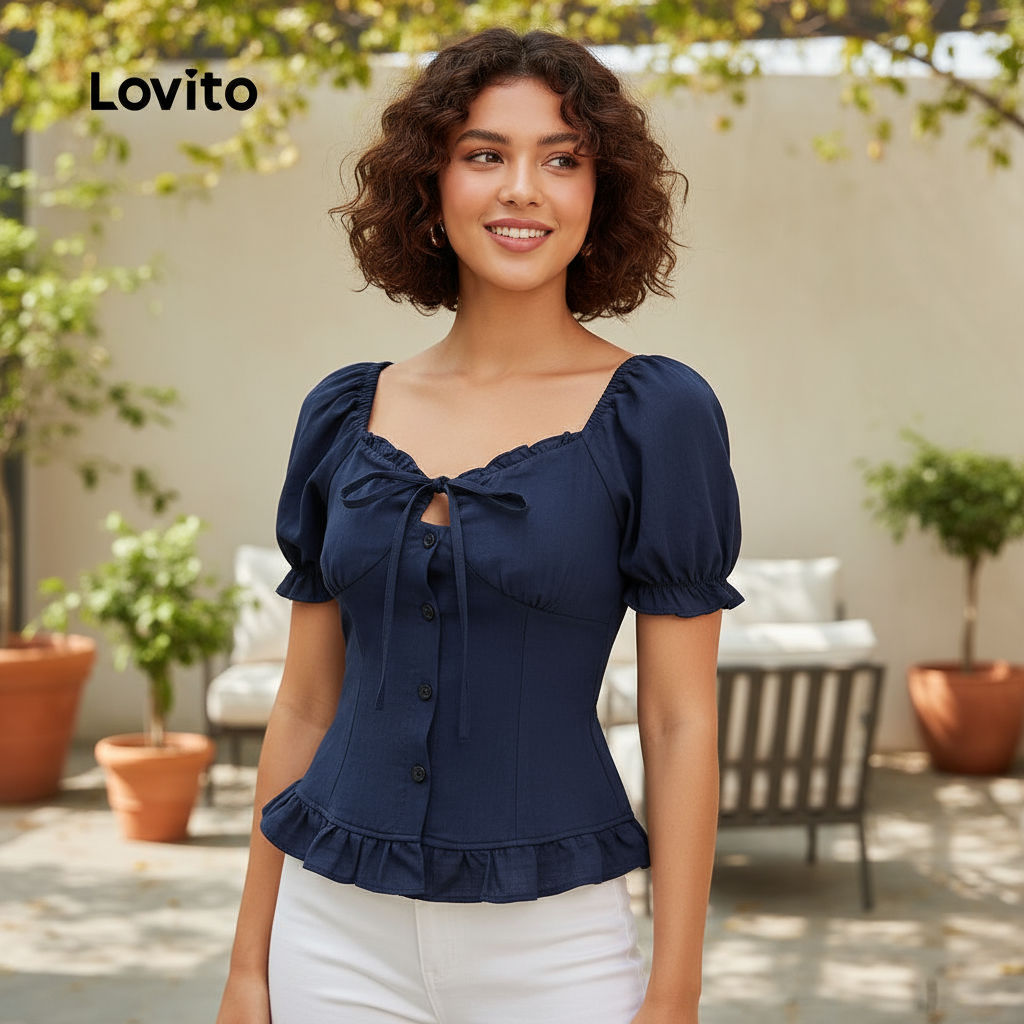Lovito Blusa Elegante com Laço Ruffle e Recorte Primavera/verão Azul Marinho para Mulheres L154LD012\3 em Oferta na Shopee