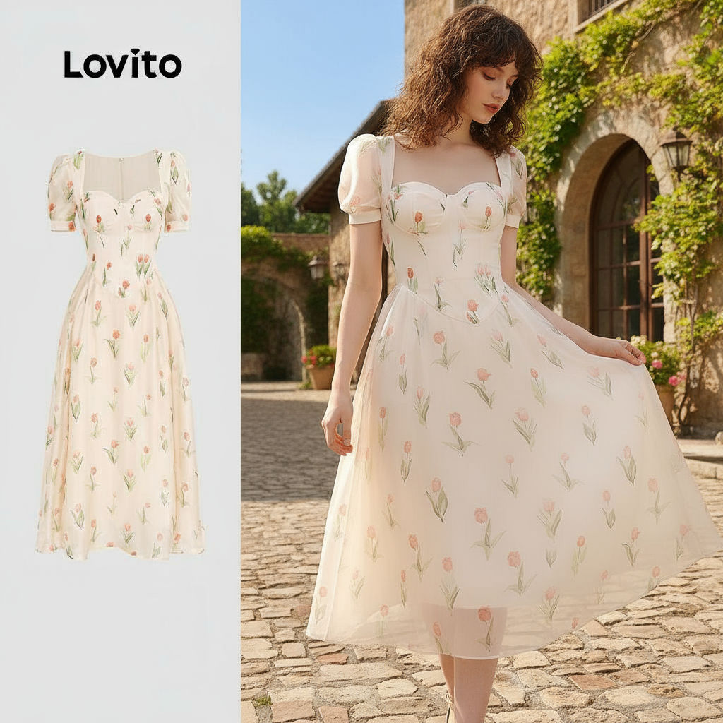 Lovito Vestido Feminino Casual com Zíper Boho Toque Suave para Natal Feriado Primavera Verão LBL26155 em Oferta na Shopee