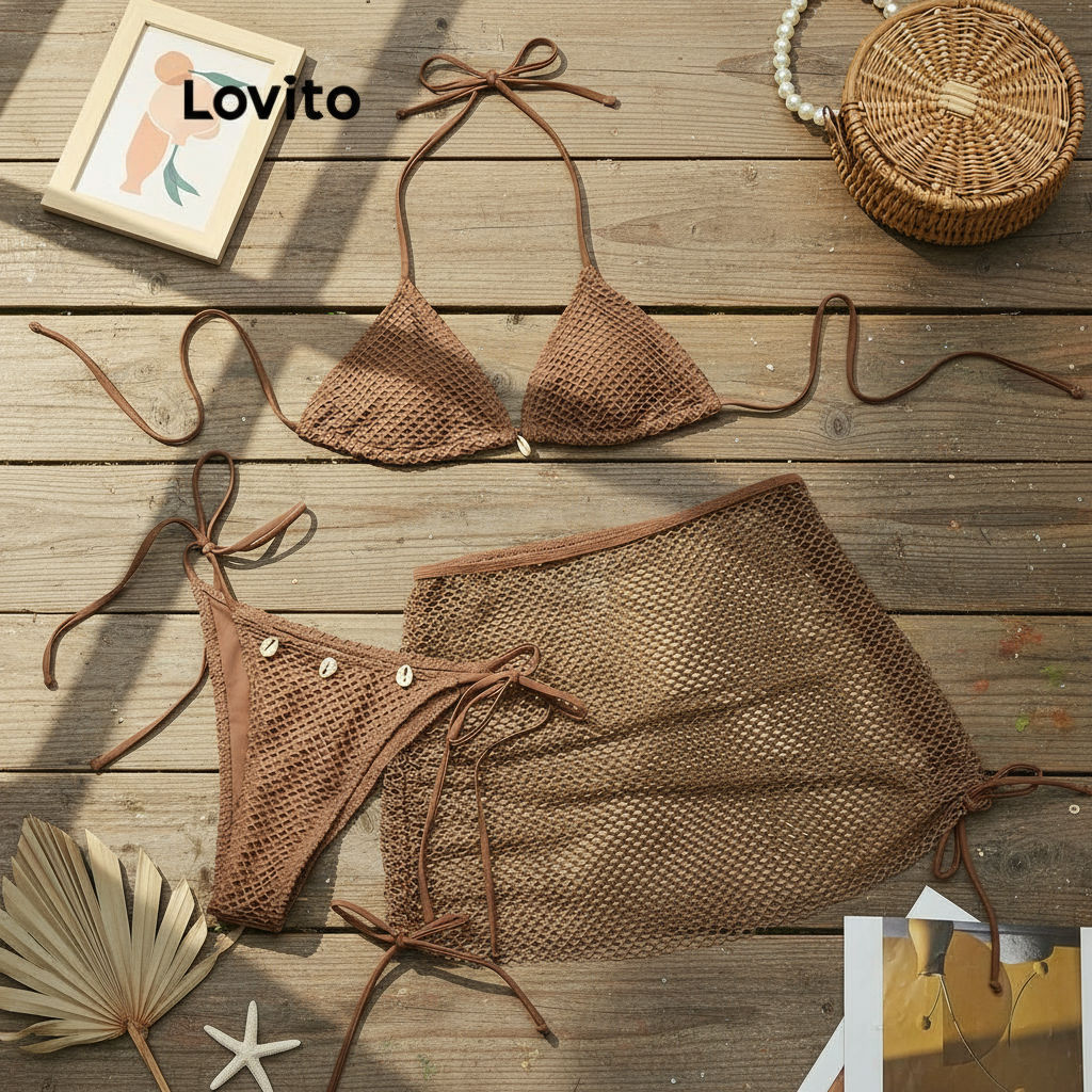 Lovito Conjunto de Biquíni Boho com Malha de Contraste Liso para Mulheres LBL18863