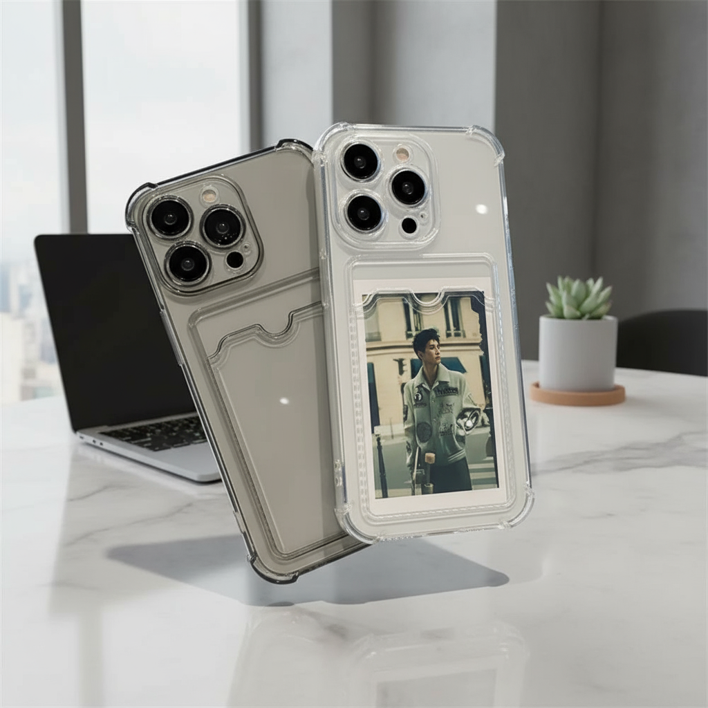 Capa transparente TPU à prova de choque com suporte para cartão de carteira de cor doce para iPhone 15 14 13 12 11 Pro