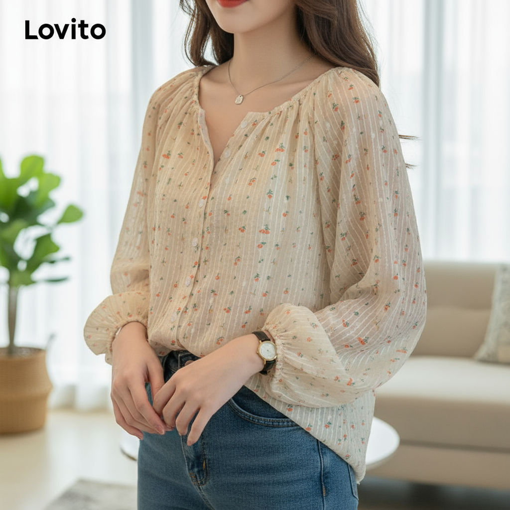 Lovito Blusa Feminina Casual Estampa Floral Ditsy LNE27079 em Oferta na Shopee