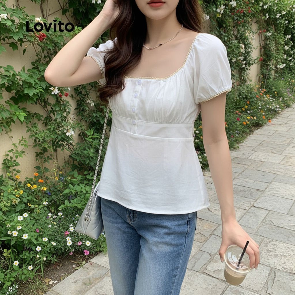 Lovito Blusa Casual Feminina em Renda com Botão Frontal e Plissado para Verão LNE38334 (Branco)