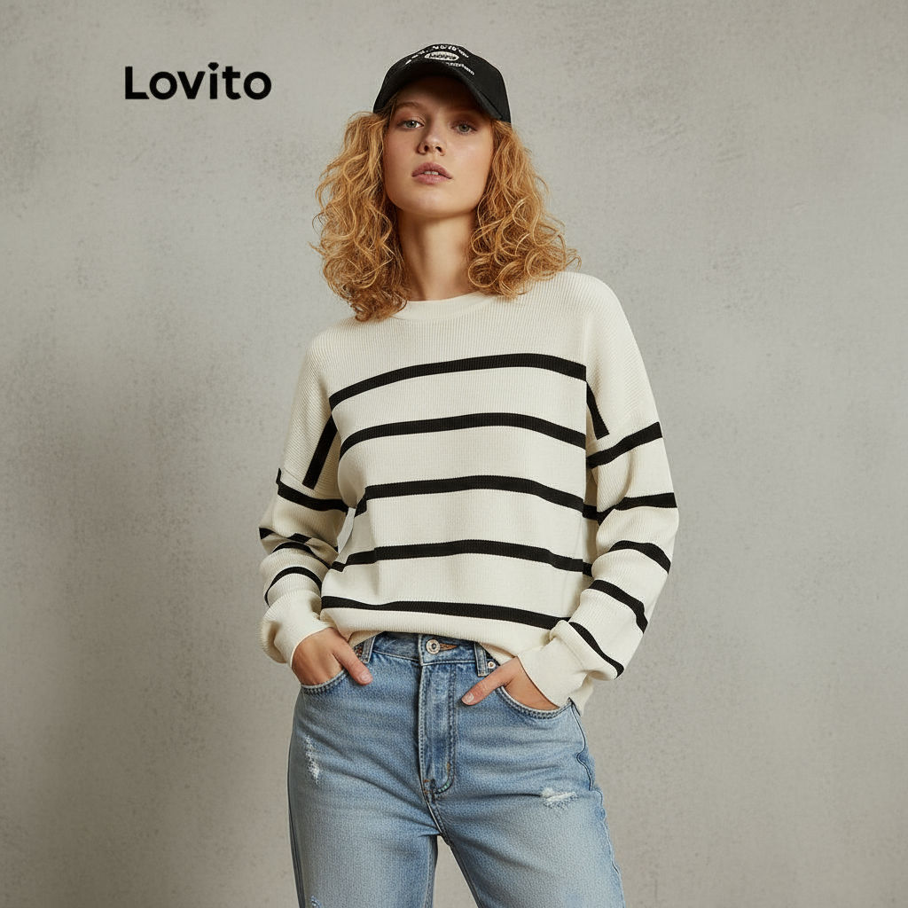 Lovito Suéter Casual Listrado Macio de Alta Elasticidade Manga Longa para Mulheres L32ud004 (Branco-Sujo) em Oferta na Shopee