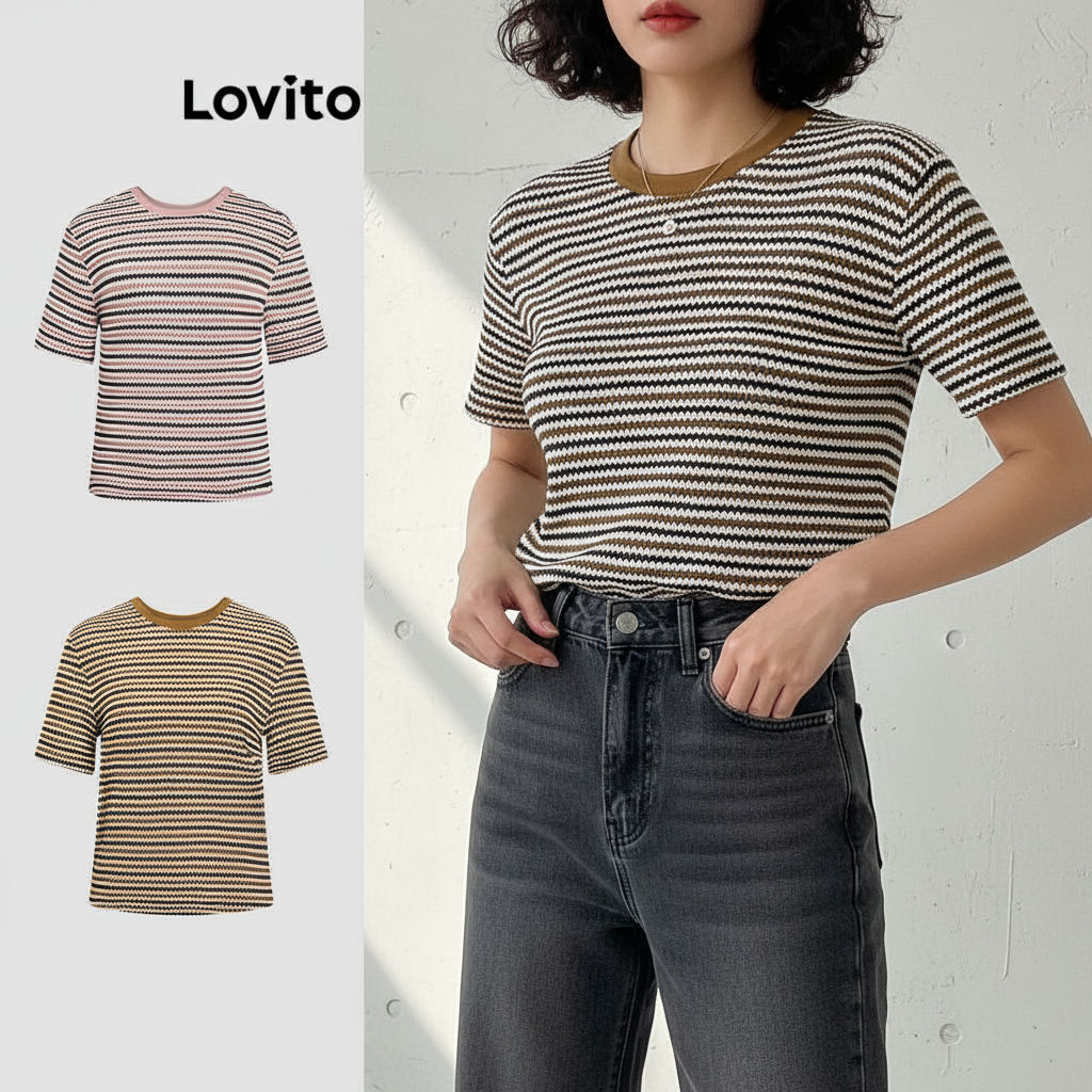 Lovito Blusa Casual Feminina Listrada com Textura Plissada L89ED062 (Multicolorida)