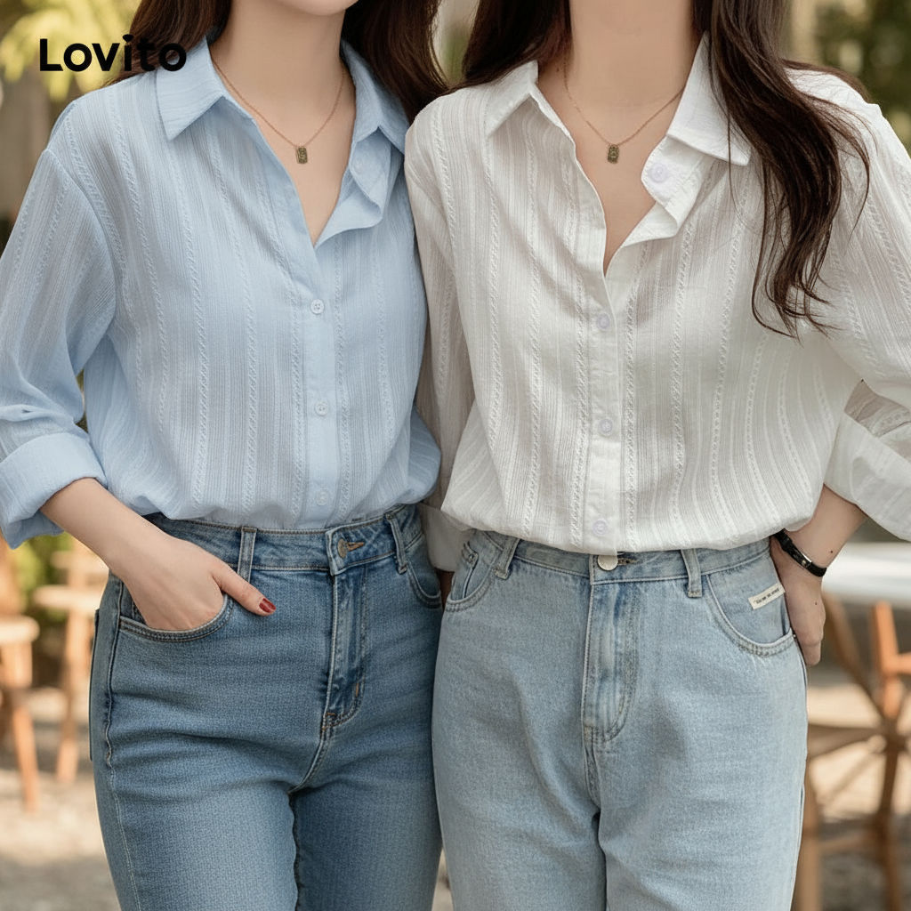 Lovito Refine Blusa Feminina Lisa Jacquard Manga Longa Casual LNE27024 (Multicolorido)\6 em Oferta na Shopee