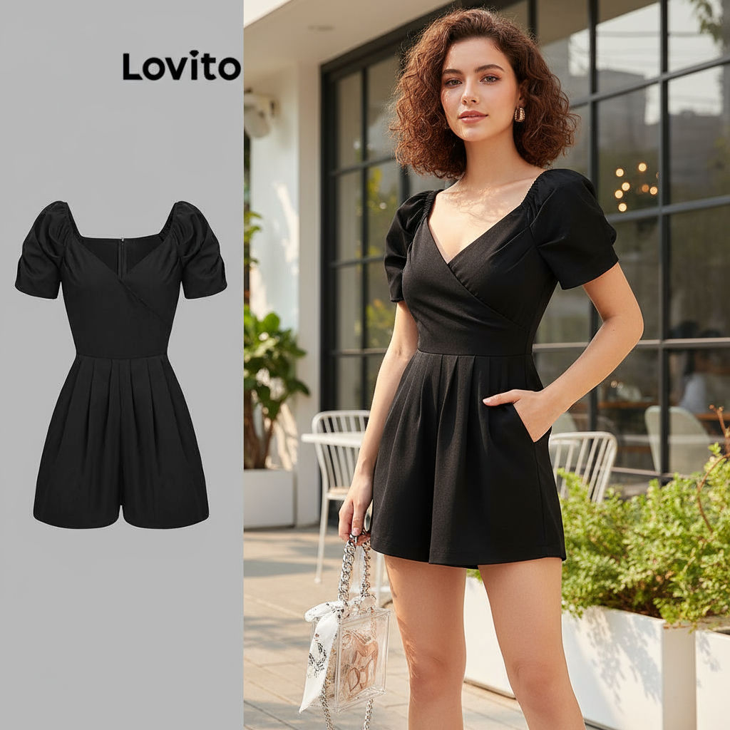 Lovito Macacão Elegante Macacão Plissado Liso Para Mulheres L109MD373\2 em Oferta na Shopee