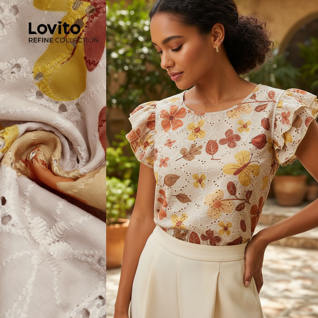 Lovito Blusa Feminina Colorida com Bordado e Ilhós para Verão e Primavera, Textura Refinada, Modelo LR12L018