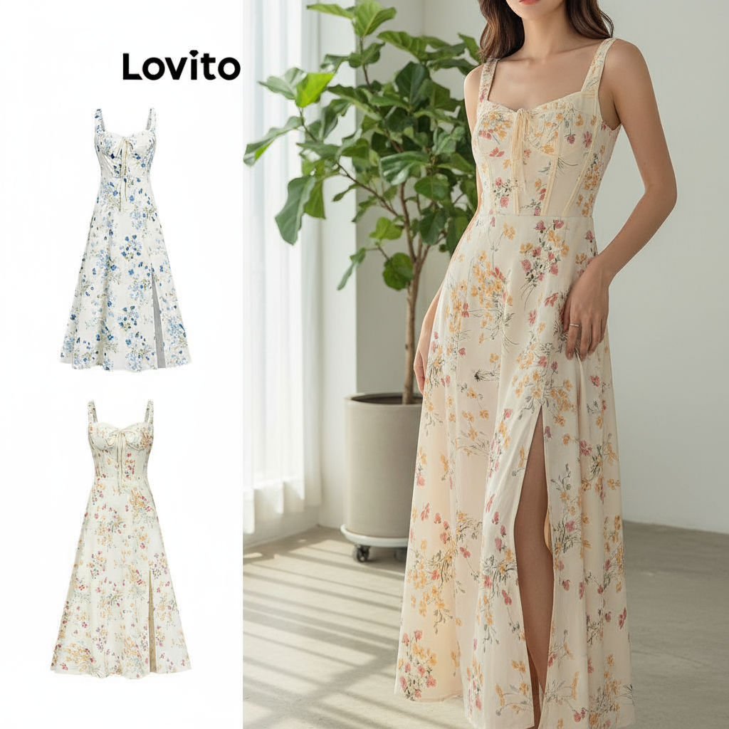 Lovito Vestido Feminino Estampa Floral Delicada com Amarração e Fenda L87ED006 (Multicolorido) em Oferta na Shopee