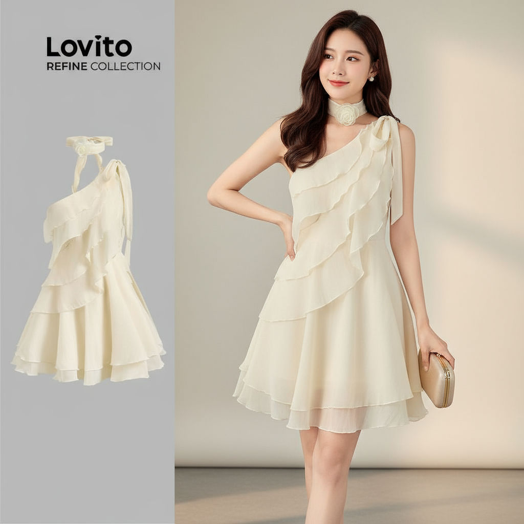 Lovito Refine Vestido Feminino Casual Simples com Babados LR7AD040\6 em Oferta na Shopee