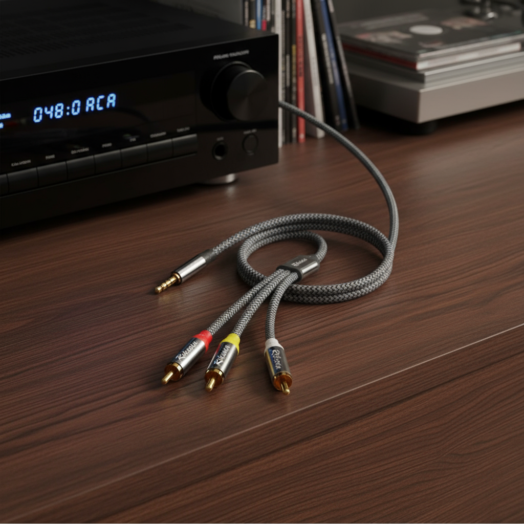Cabo de Áudio e Vídeo 3,5mm para 3RCA Estéreo 2M/6,6FT Adaptador para MP3, Filmadoras, Tablets, Alto-falantes, DVD Home