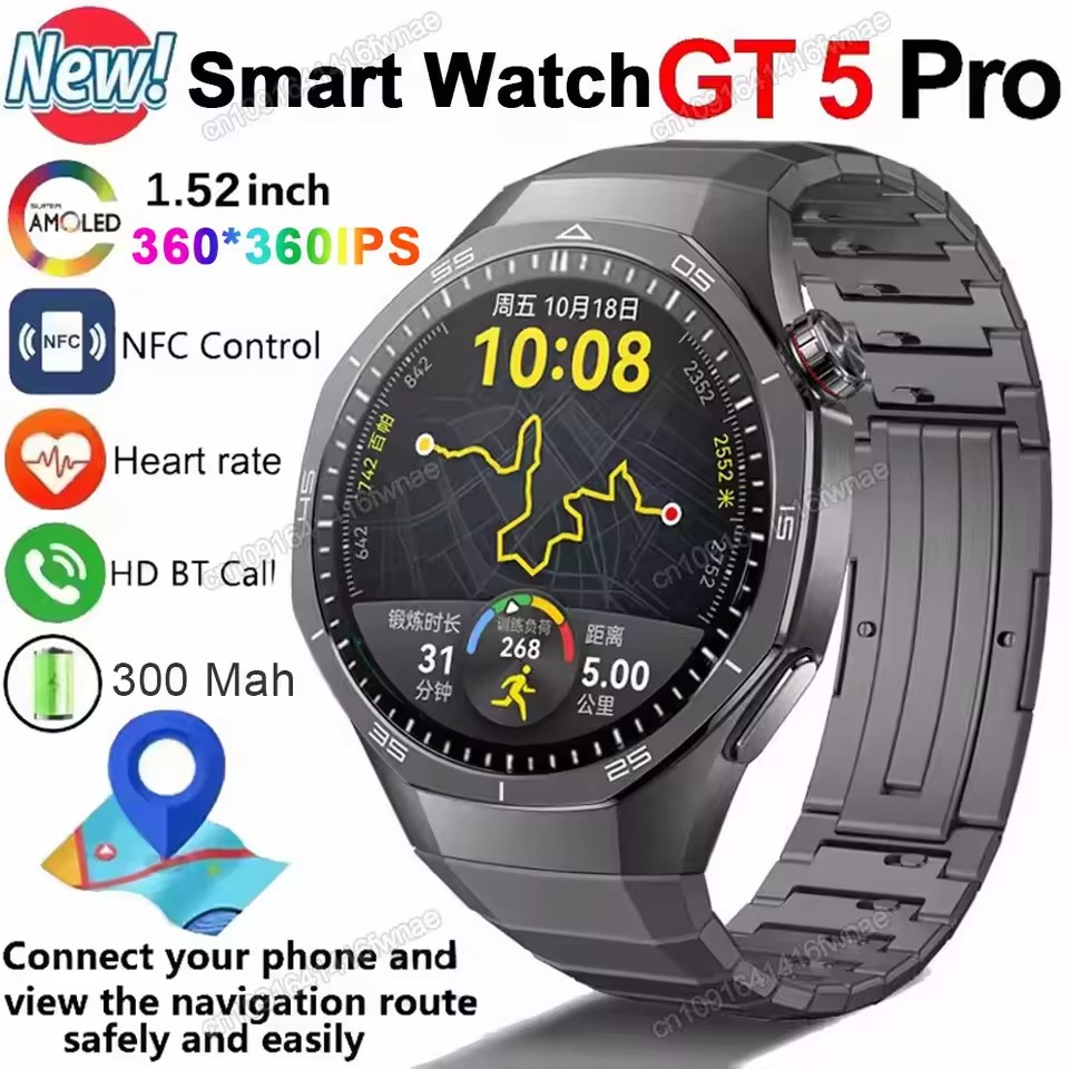 Para o Huawei Smart Watch GT5 Pro 2025 Novo GPS NFC Smart Watch Masculino Tela AMOLED HD Relógio 5 Pro Frequência