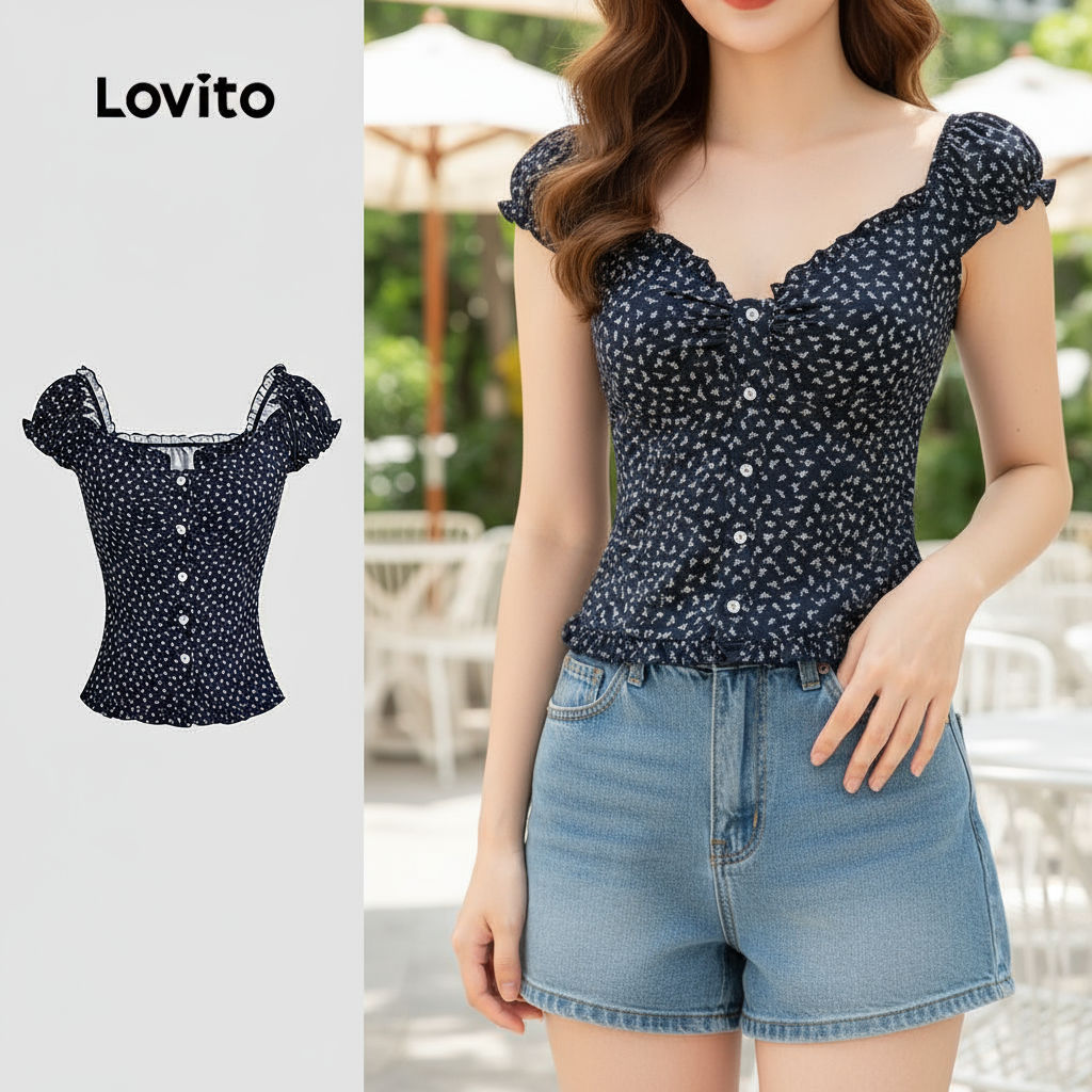 Blusa Feminina Casual Azul Escura Lovito com Botões e Detalhe de Alface para Primavera/Verão L139AD256