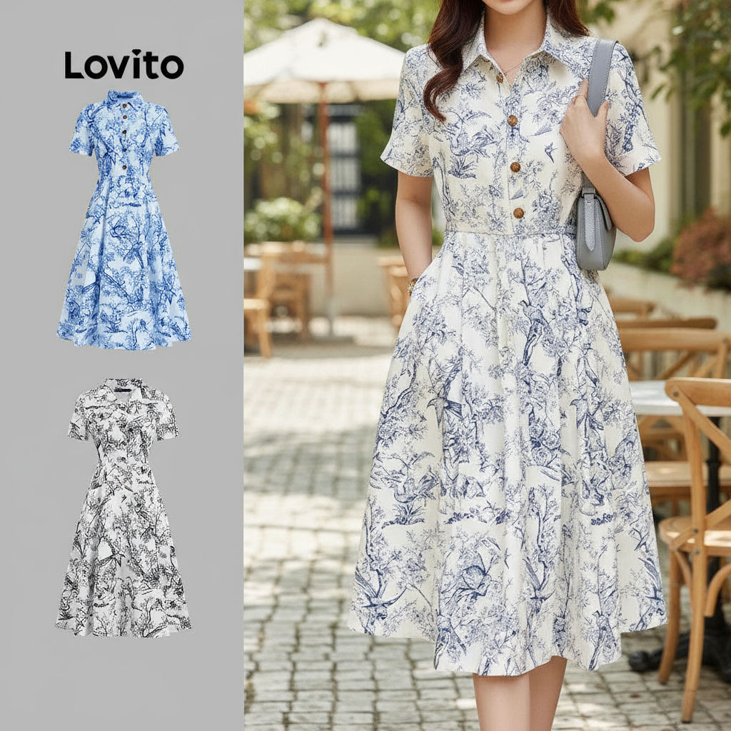 Lovito Vestido Casual Feminino com Estampa de Botão, Multicolorido, Primavera/Verão, L135ED364 em Oferta na Shopee