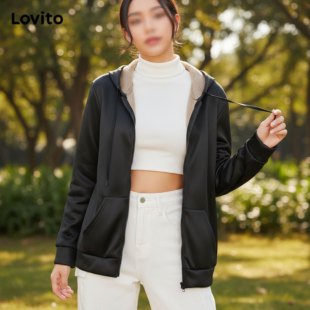 Jaqueta Feminina Casual Solta com Zíper e Forro de Pele, Mangas Longas, Cor Preta - Lovito LNA06174 em Oferta na Shopee