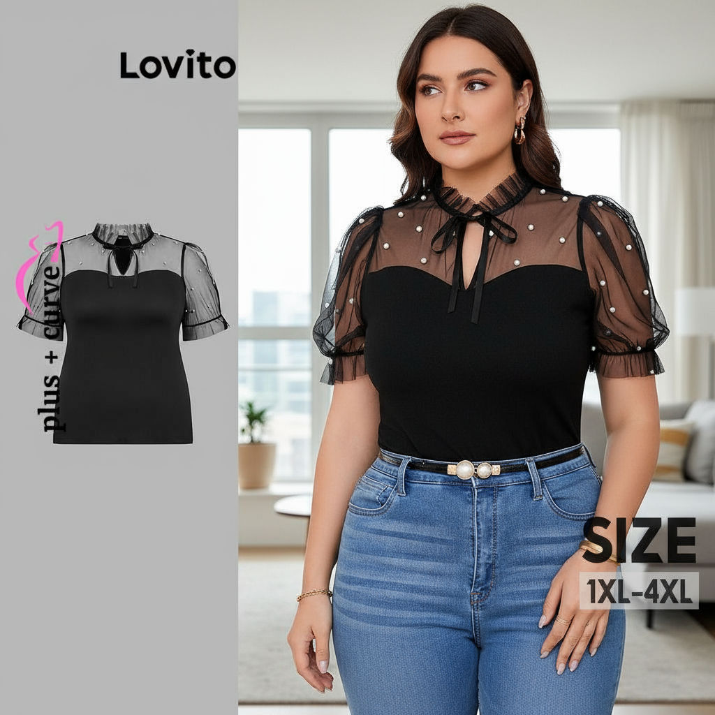 Lovito Blusa Plus Size Feminina Elegante Costura Lisa Com Miçangas LBL17283 em Oferta na Shopee